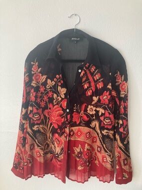 Desigual Black Blouse with Red & Gold Floral Border
